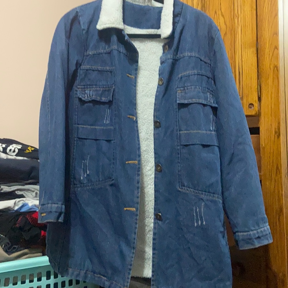 Denim Mid Length Fur Lined Coat
